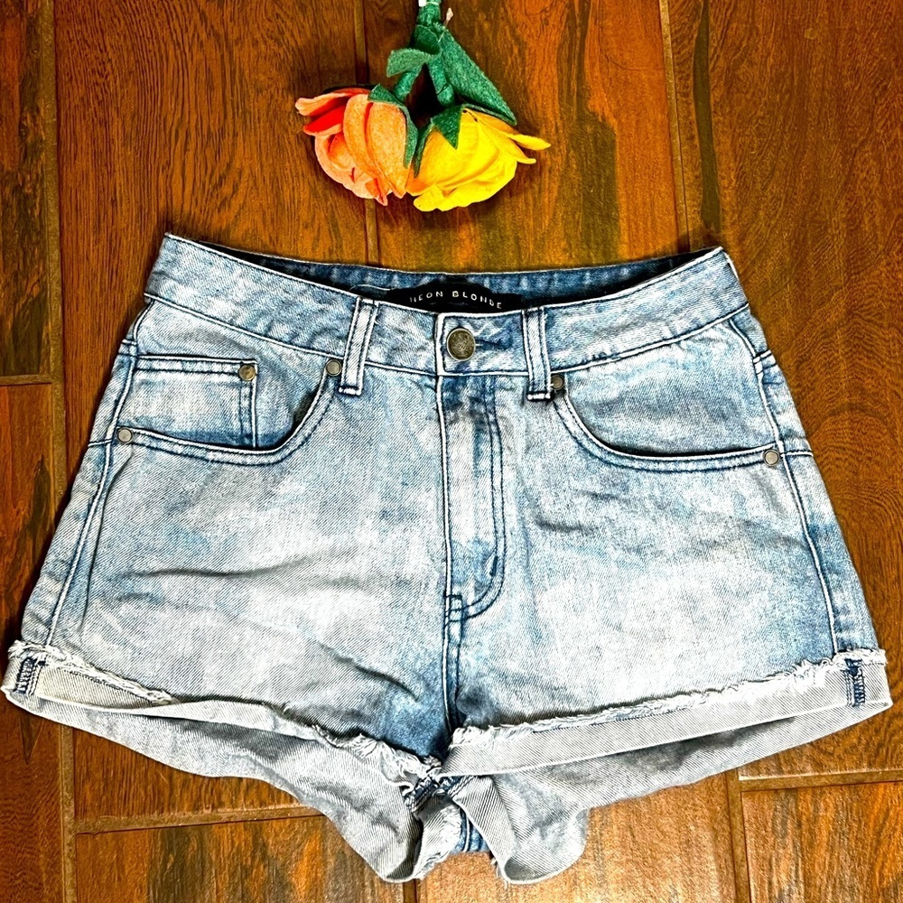 Neon Blonde Bleach Washed High Waisted Denim Shorts